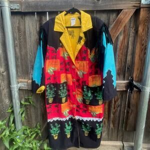 VTG Portable Art reversible Western Duster COAT hand painted 90s fringe Medium